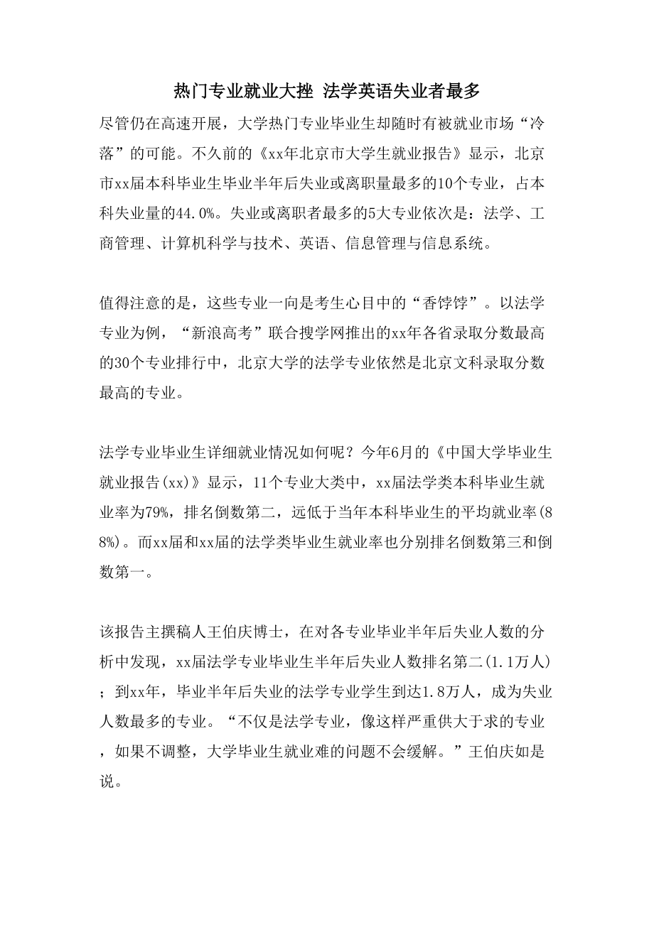 热门专业就业大挫 法学英语失业者最多_第1页