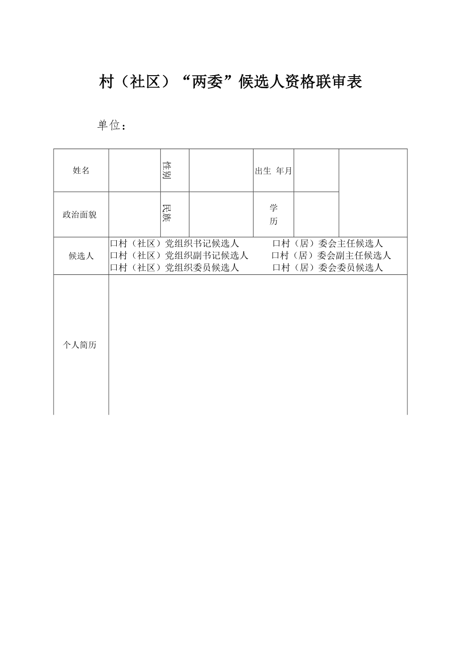 村（社区）“两委”候选人资格联审表材料_第1页