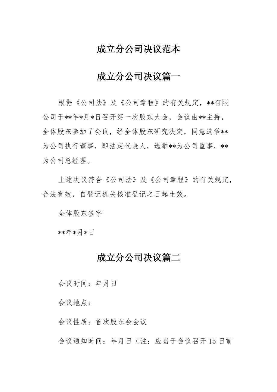 成立分公司决议汇总_第1页