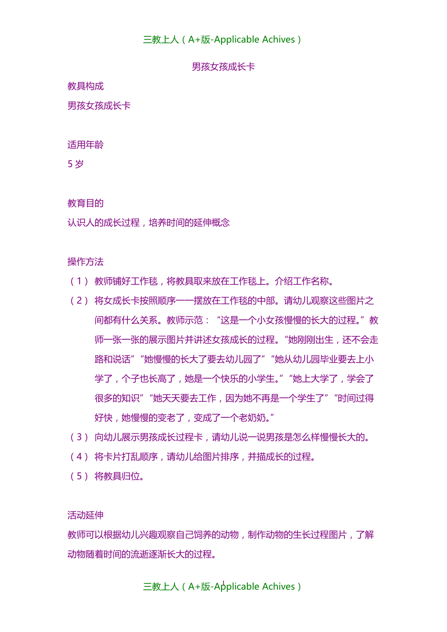 蒙台梭利科学文化教育-历史学教育教材-男孩女孩成长卡_第1页