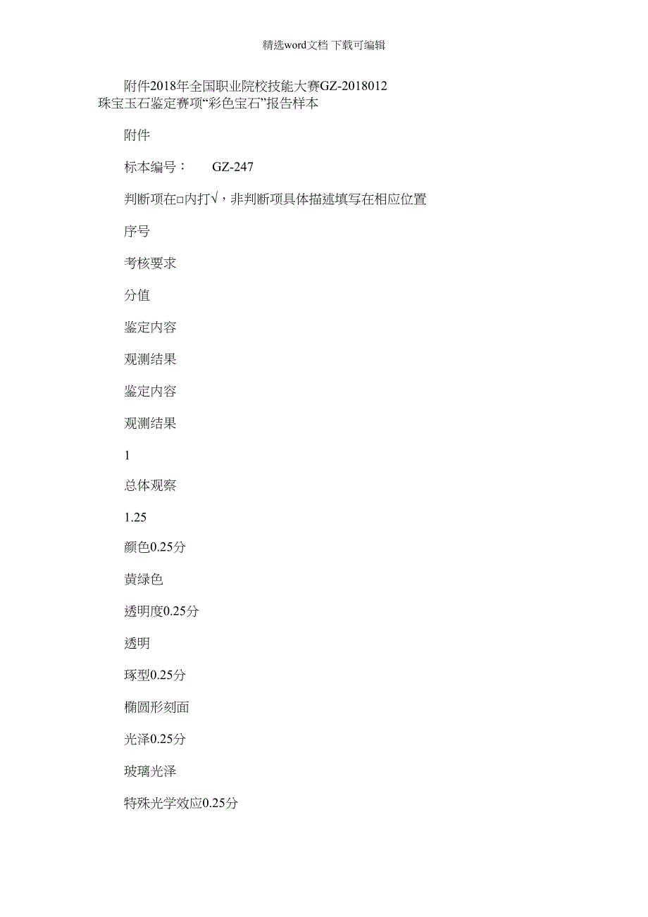 2022年高职珠宝玉石鉴定报告样本_第1页