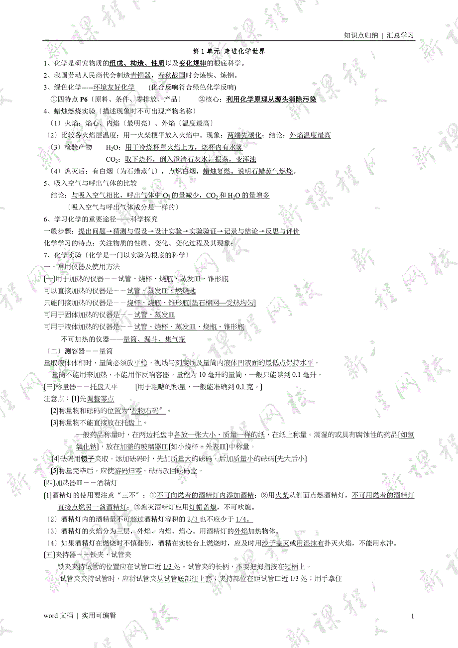 九年级化学沪教版各章节知识点(必备)实用_第1页