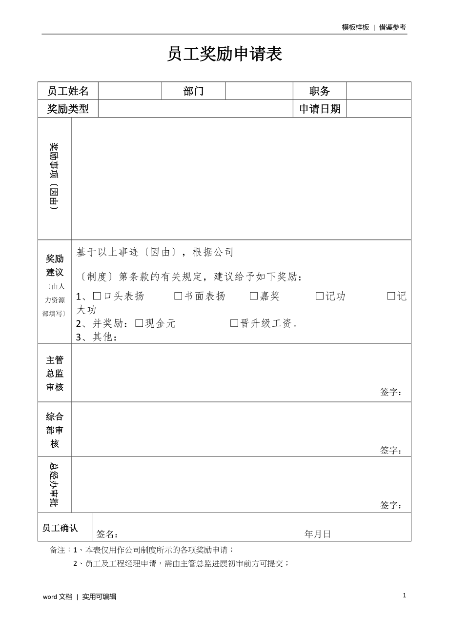 员工奖励申请表(模板)整理_第1页