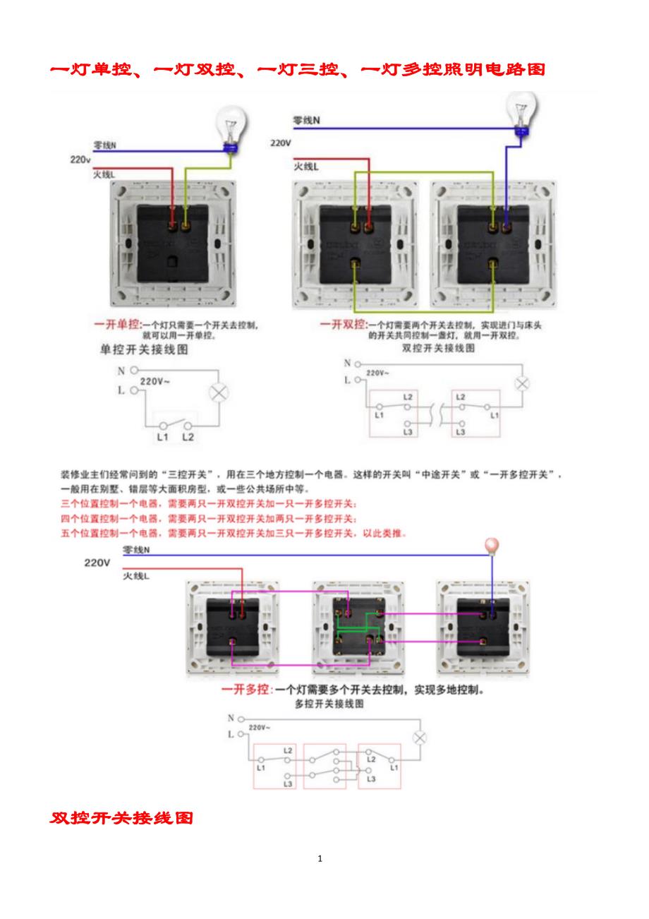 一灯单控、一灯双控、一灯三控、一灯多控照明电路图归类_第1页