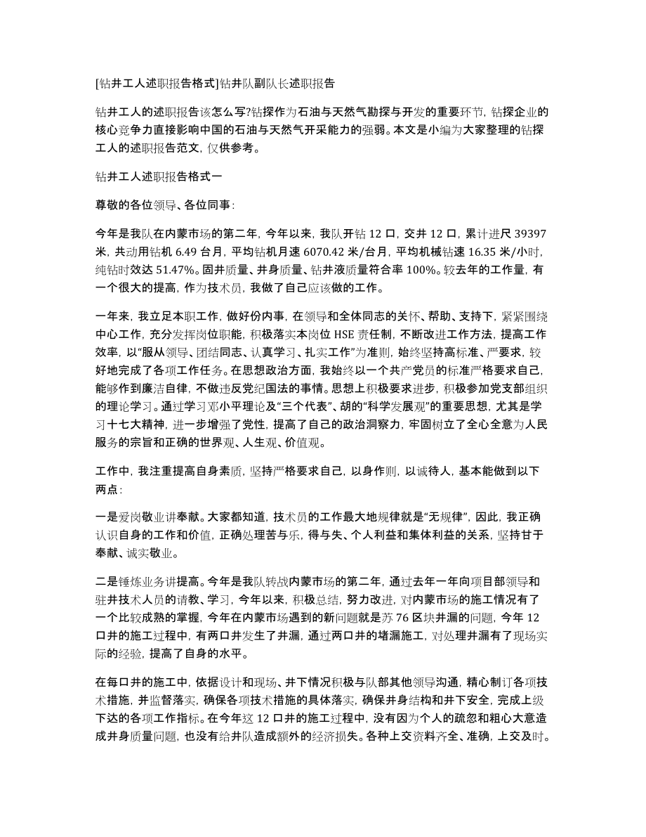 [钻井工人述职报告格式]钻井队副队长述职报告_第1页