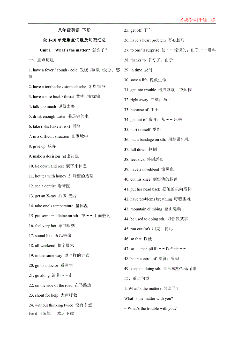 八年级英语下册全1-10单元重点词组及句型汇总 参考_第1页
