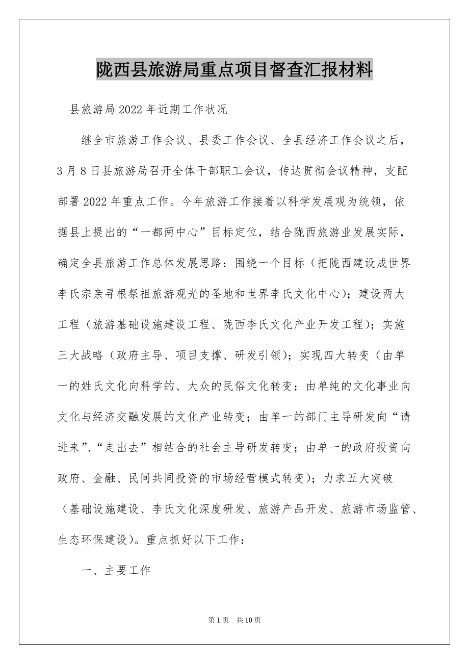 陇西县旅游局重点项目督查汇报材料_第1页