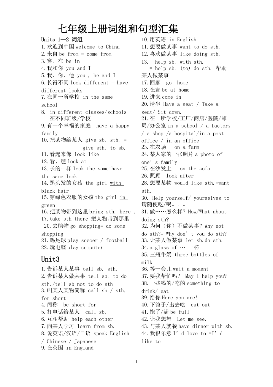 七年级上册词组汇集_第1页