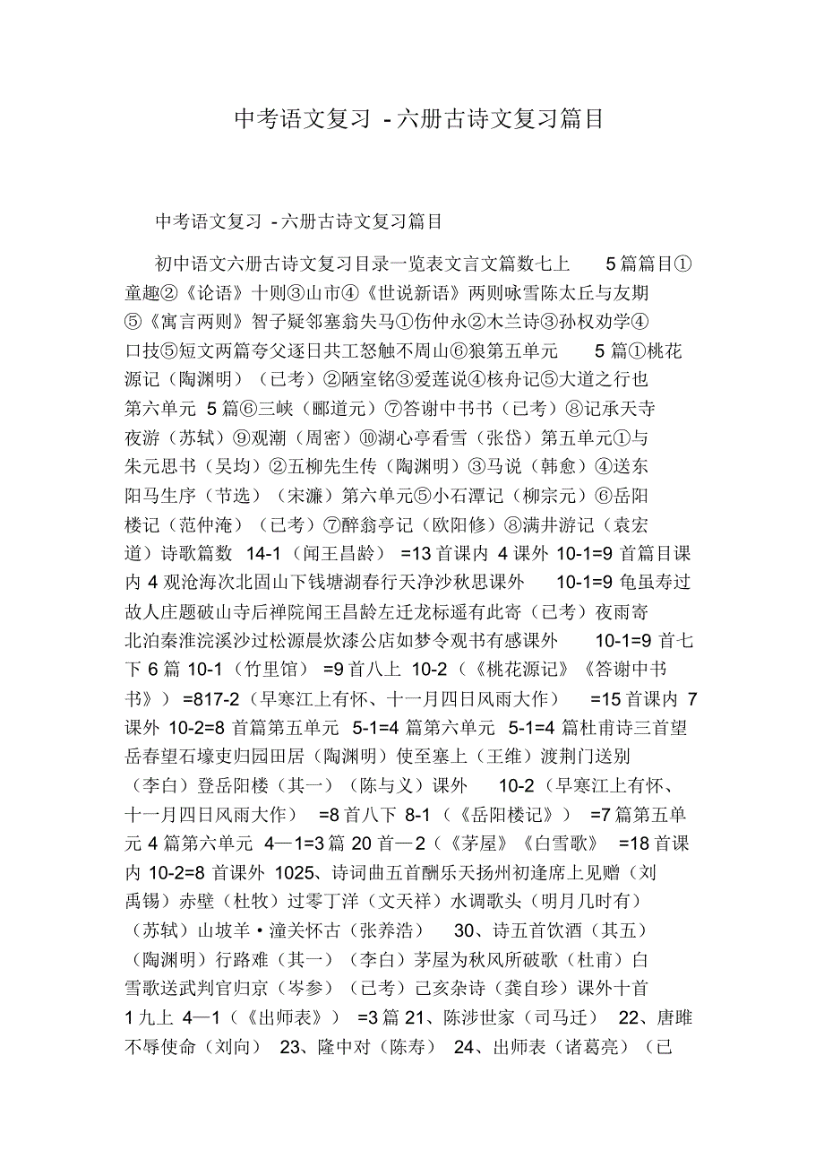 中考语文复习-六册古诗文复习篇目_第1页