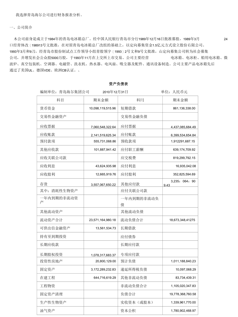 我选择青岛海尔公司进行财务报表分析_第1页