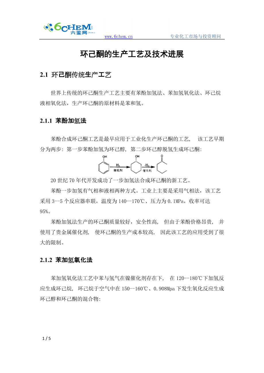 【环己酮的生产工艺及技术进展】_第1页