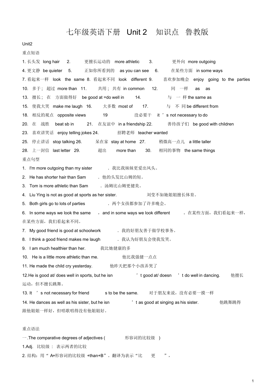 （可编辑）七年级英语下册Unit2知识点鲁教版（精华版）_第1页