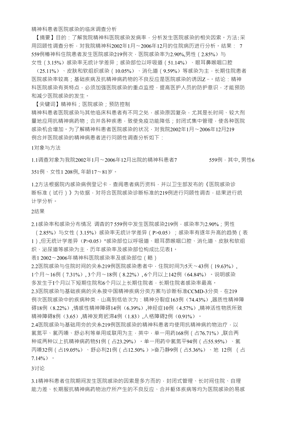精神科患者医院感染的临床调查分析_第1页