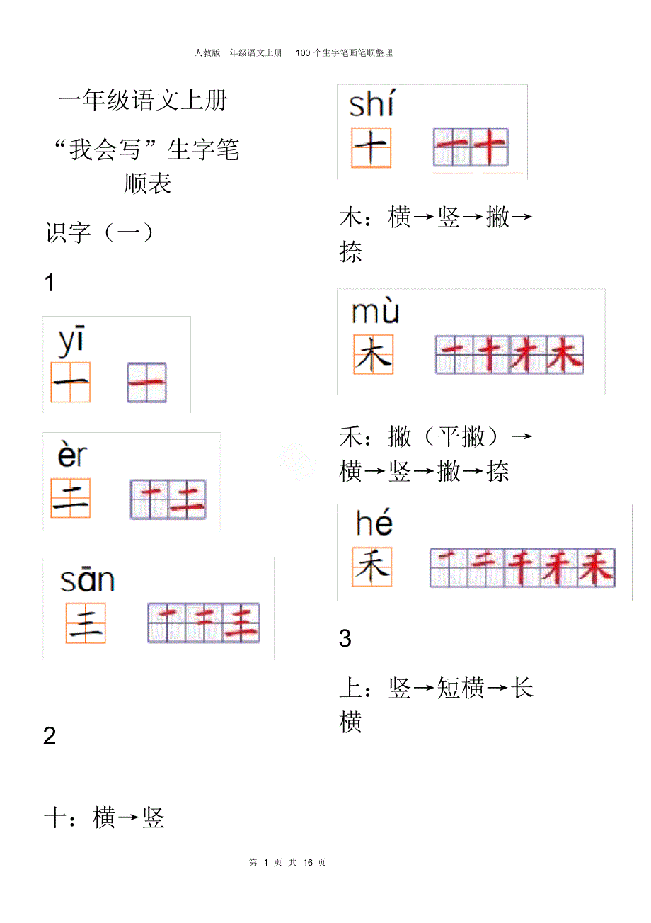 人教版一年级语文上册100个生字笔画笔顺整理_第1页