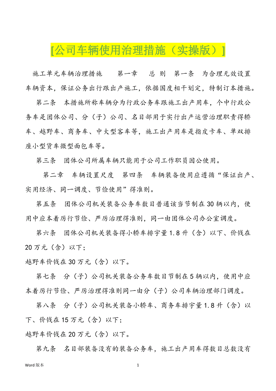 [公司车辆使用治理措施（实操版）]_第1页