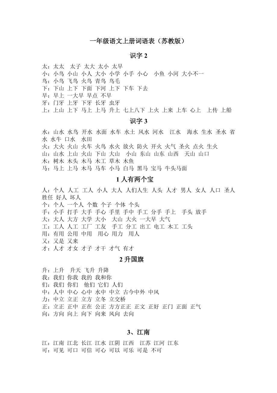 一年级语文上册词语表(苏教版)_第1页