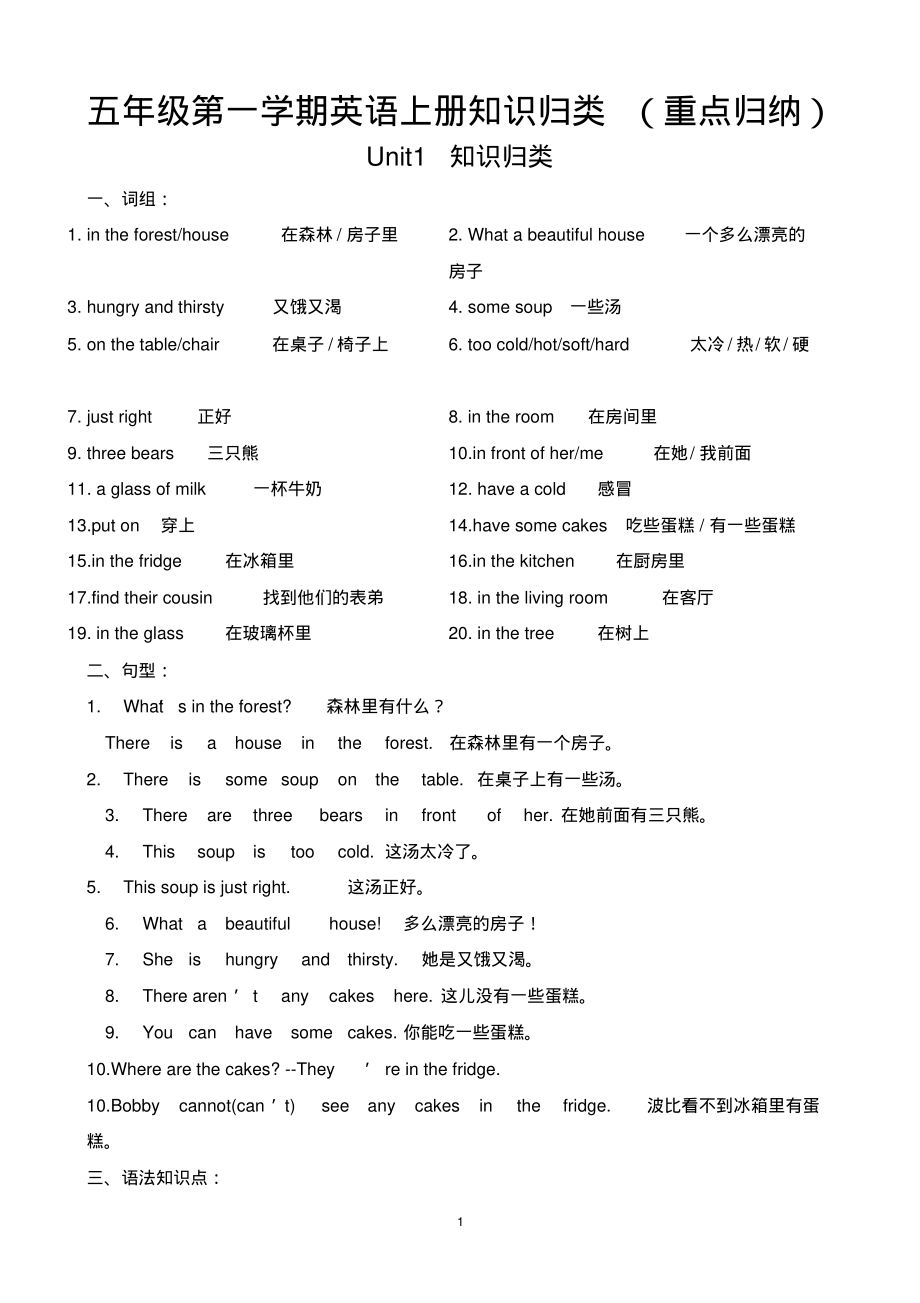 最新五年级第一学期英语(译林版)上册知识归类(重点归纳)第一单元_第1页