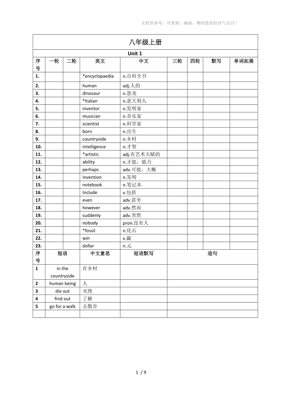 八年级词汇表(上册)广州版参考_第1页