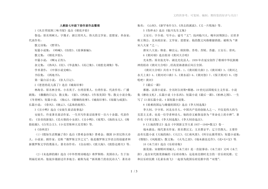 人教版七年级下册作家作品整理参考_第1页