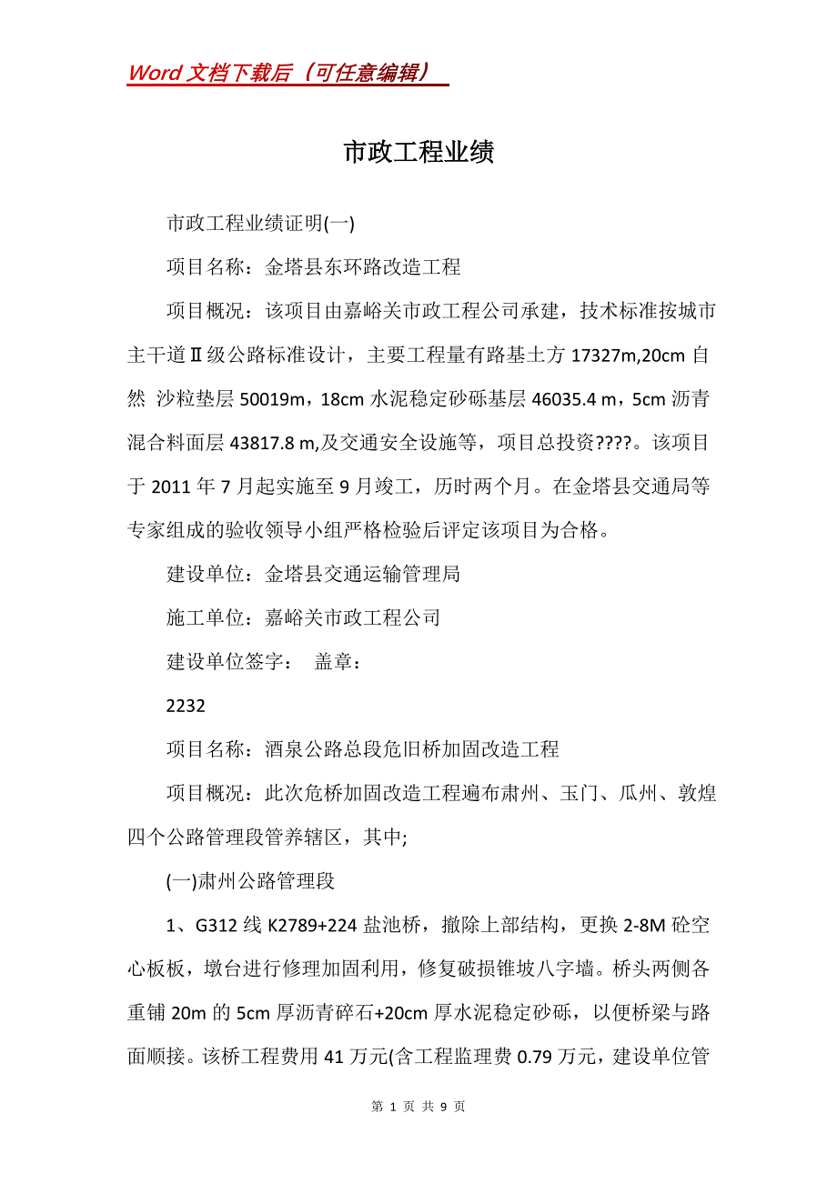 市政工程业绩(Word）_第1页