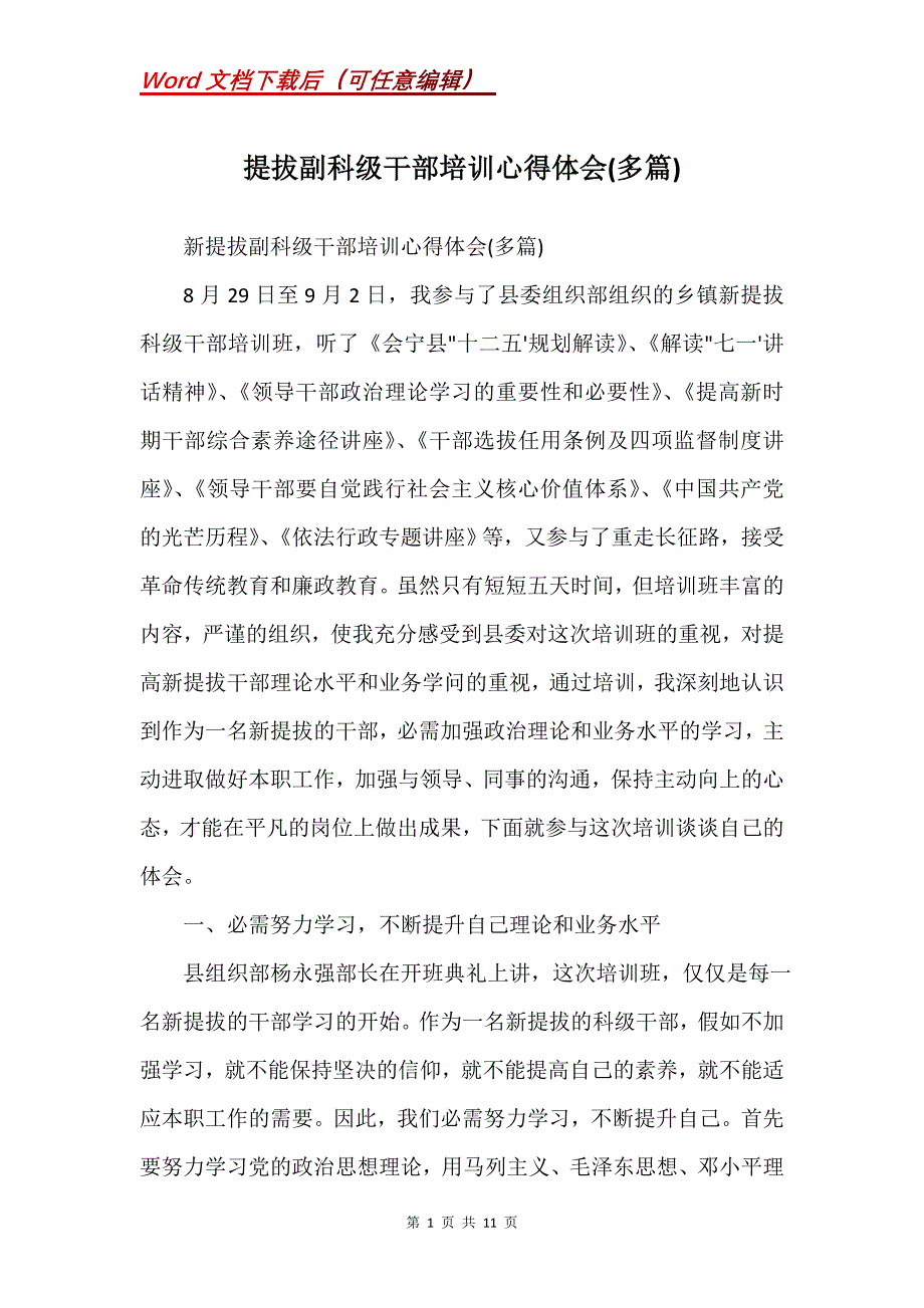 提拔副科级干部培训心得体会(多篇)(Word）_第1页