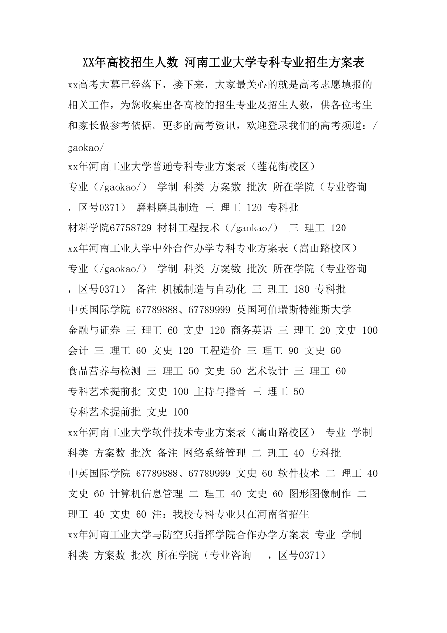 高校招生人数河南工业大学专科专业招生计划表_第1页