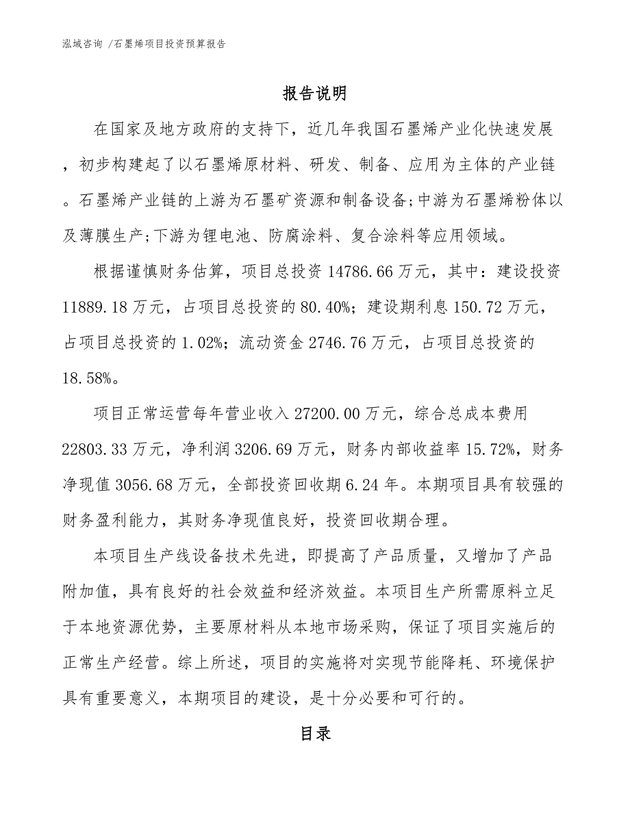 石墨烯项目投资预算报告（参考范文）_第1页