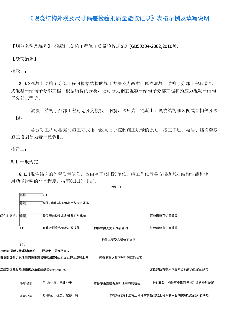 14《现浇结构外观及尺寸偏差检验批质量验收记录》表格示例及填写说明_第1页