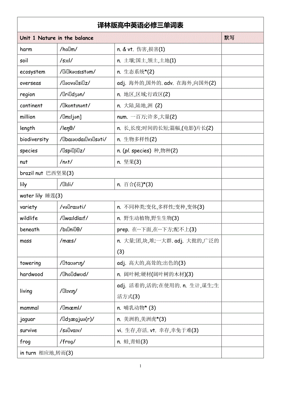牛津译林版新教材高中英语必修三单词表_第1页