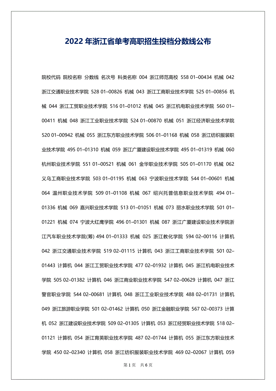 2022年浙江省单考高职招生投档分数线公布_第1页