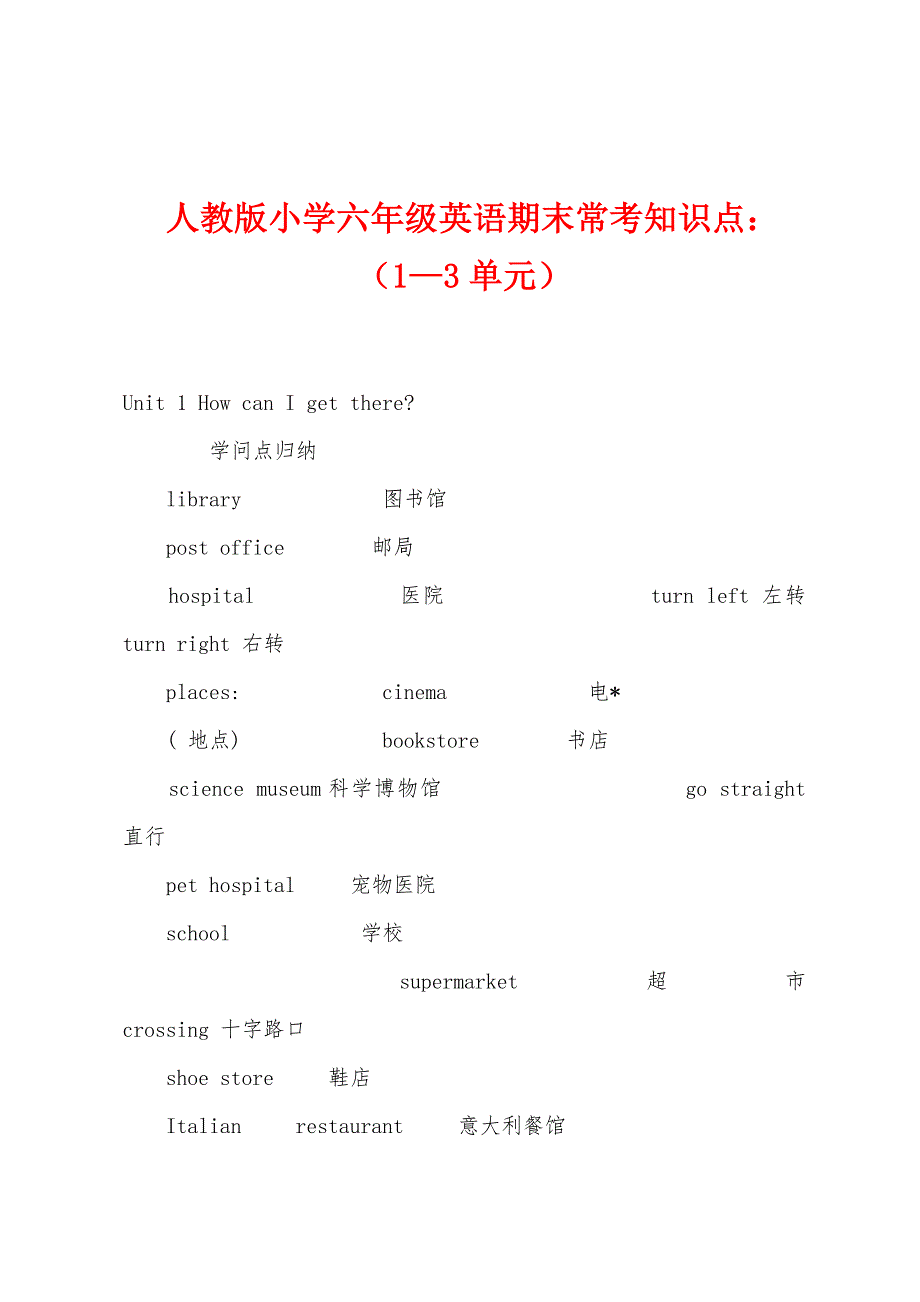 人教版小学六年级英语期末常考知识点：（1—3单元）_第1页