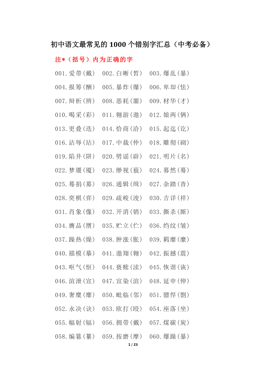 初中语文最常见的1000个错别字汇总（中考必备）_第1页