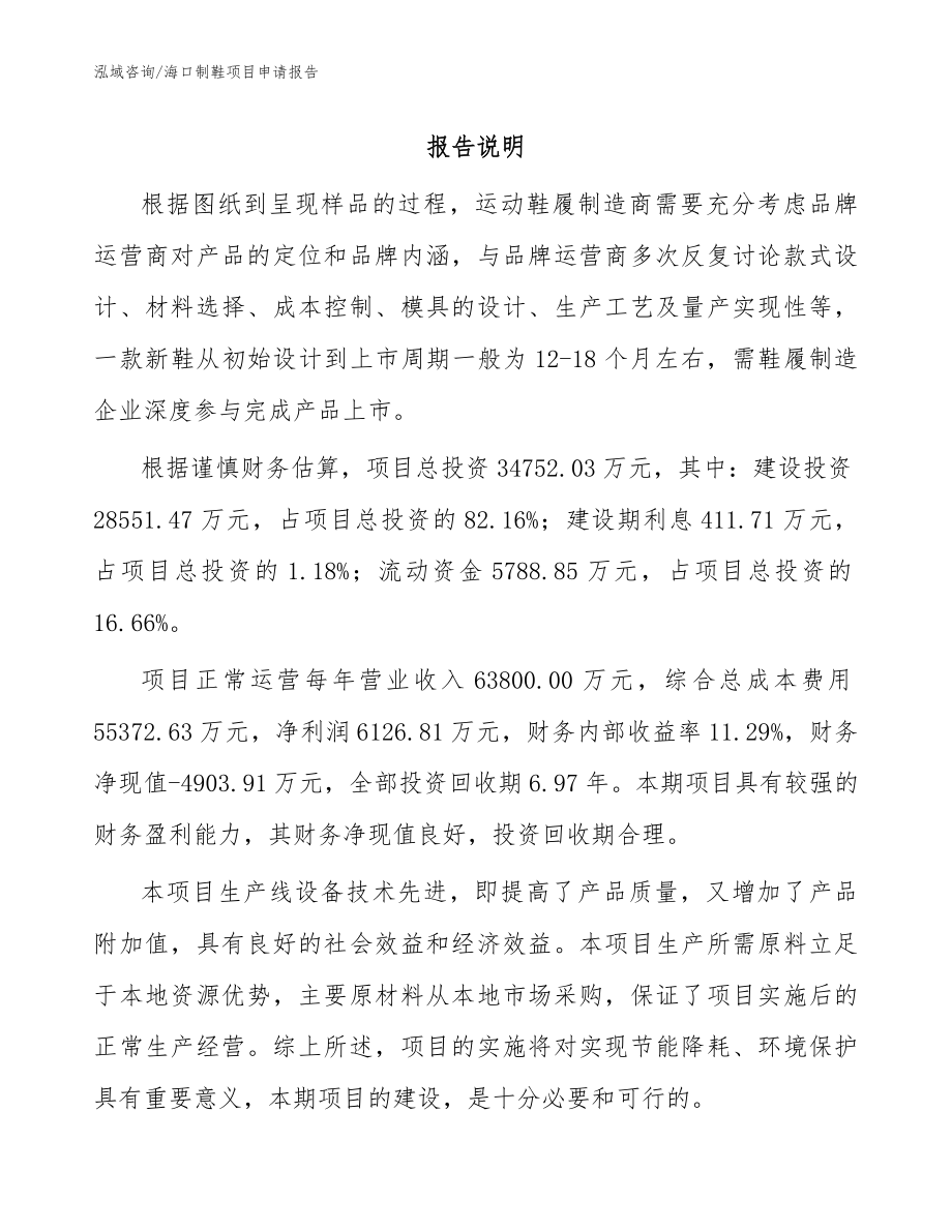 海口制鞋项目申请报告（模板范文）_第1页