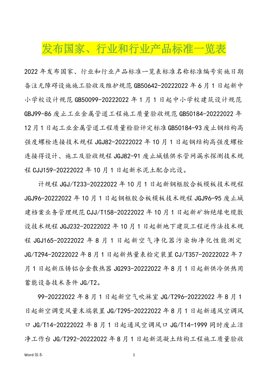 发布国家、行业和行业产品标准一览表_第1页