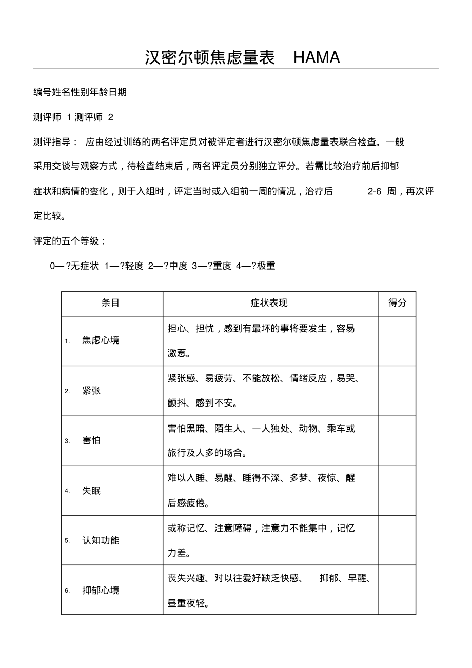 汉密尔顿焦虑量表HAMA项打印版_第1页