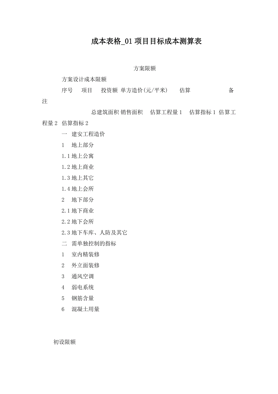 成本表格_01项目目标成本测算表_第1页