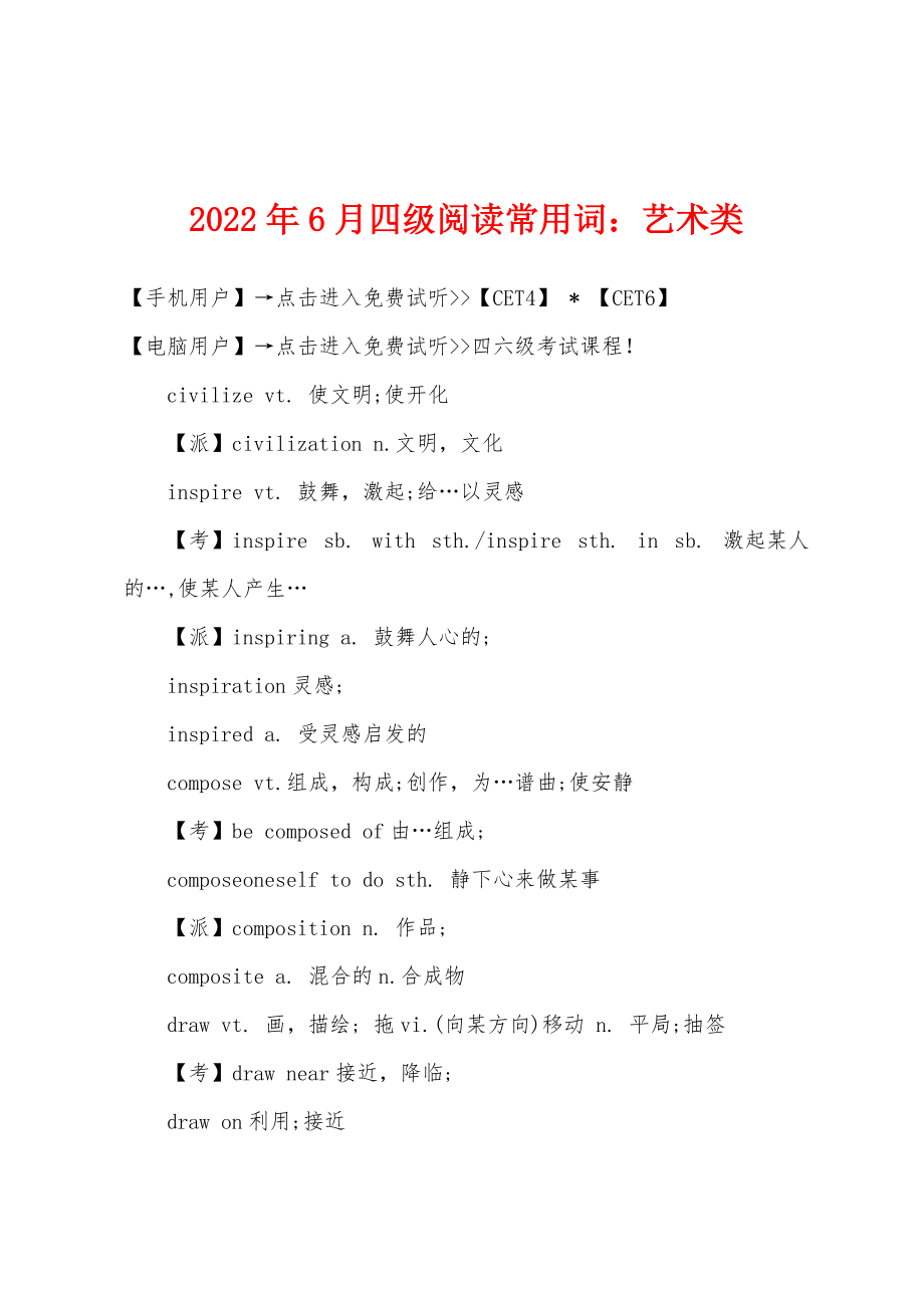 2022年6月四级阅读常用词艺术类_第1页