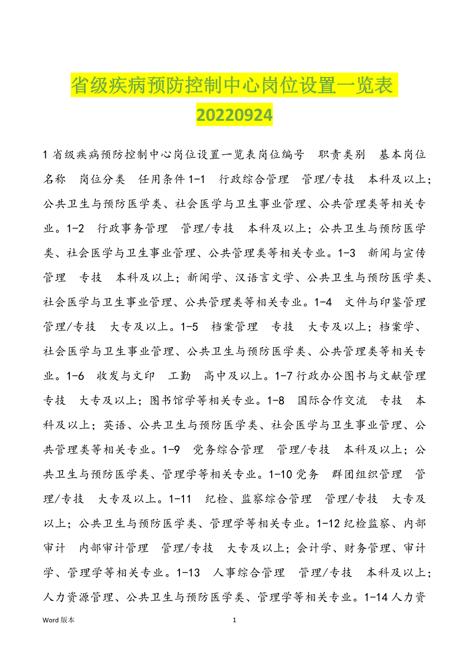 省级疾病预防控制中心岗位设置一览表20220924_第1页