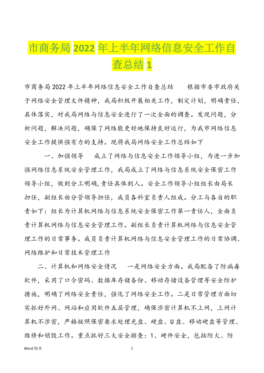 市商务局2022年上半年网络信息安全工作自查总结1_第1页