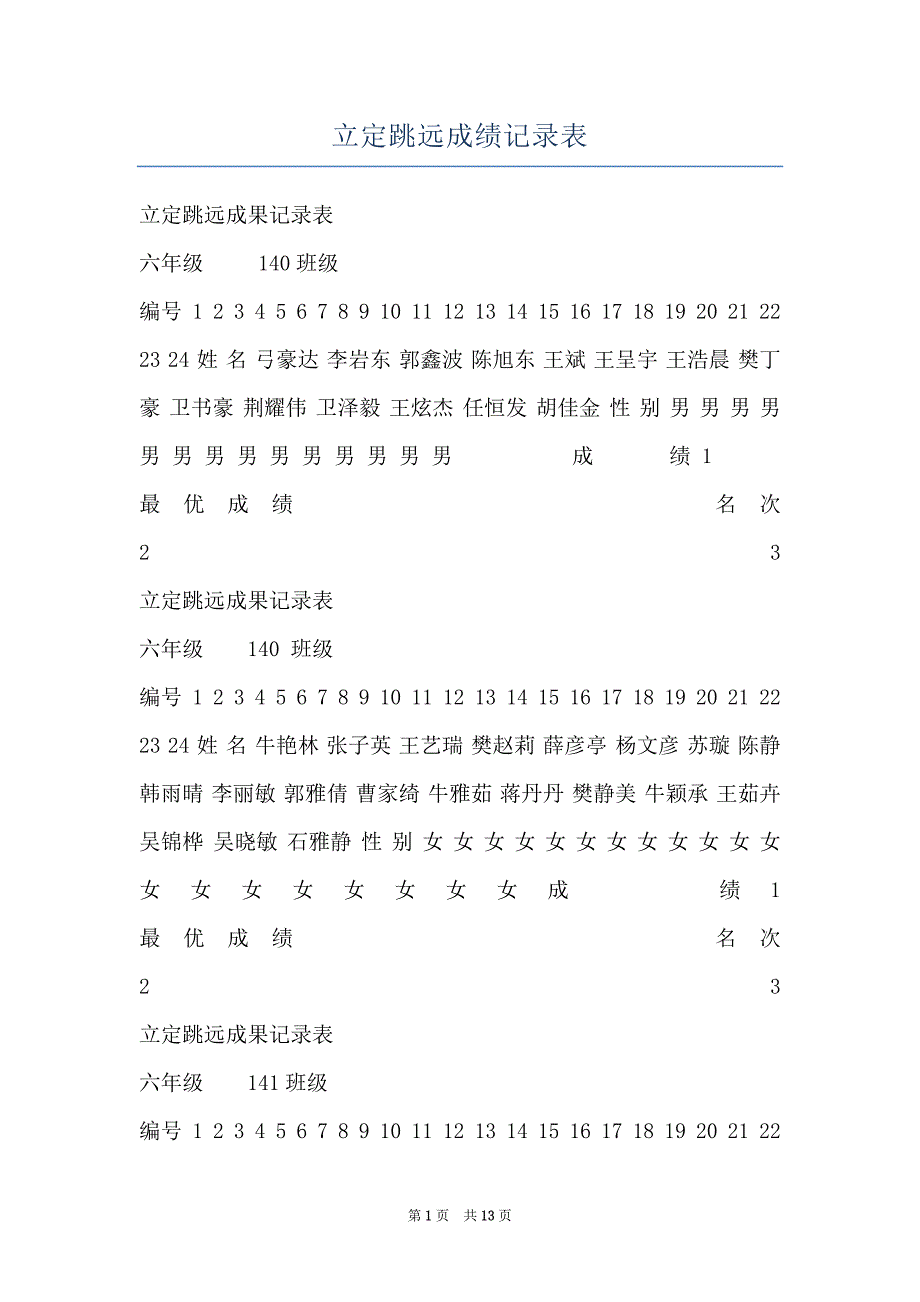 立定跳远成绩记录表_第1页