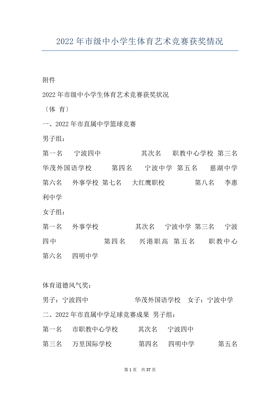 2022年市级中小学生体育艺术竞赛获奖情况_第1页