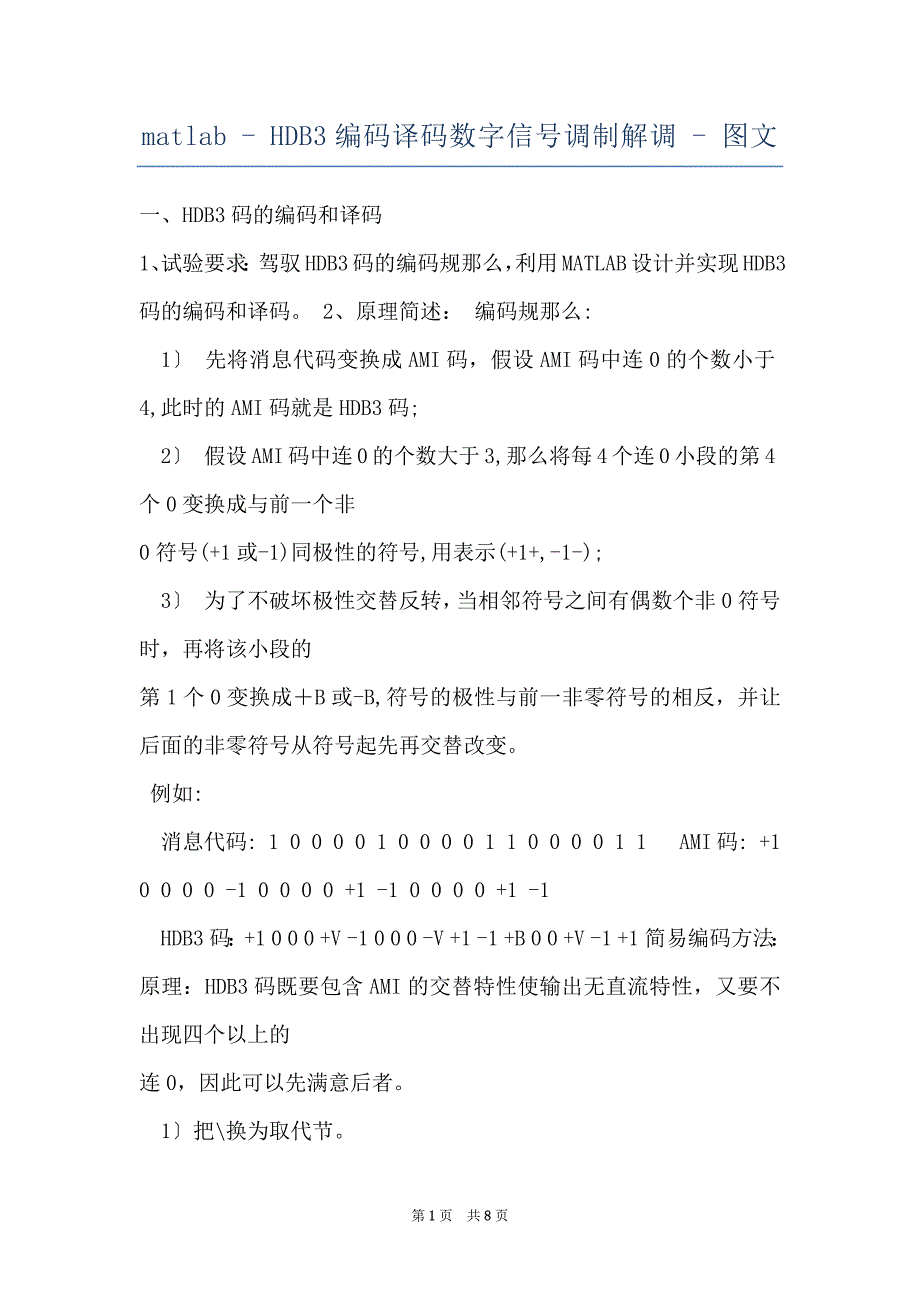 matlab - HDB3编码译码数字信号调制解调 - 图文_第1页