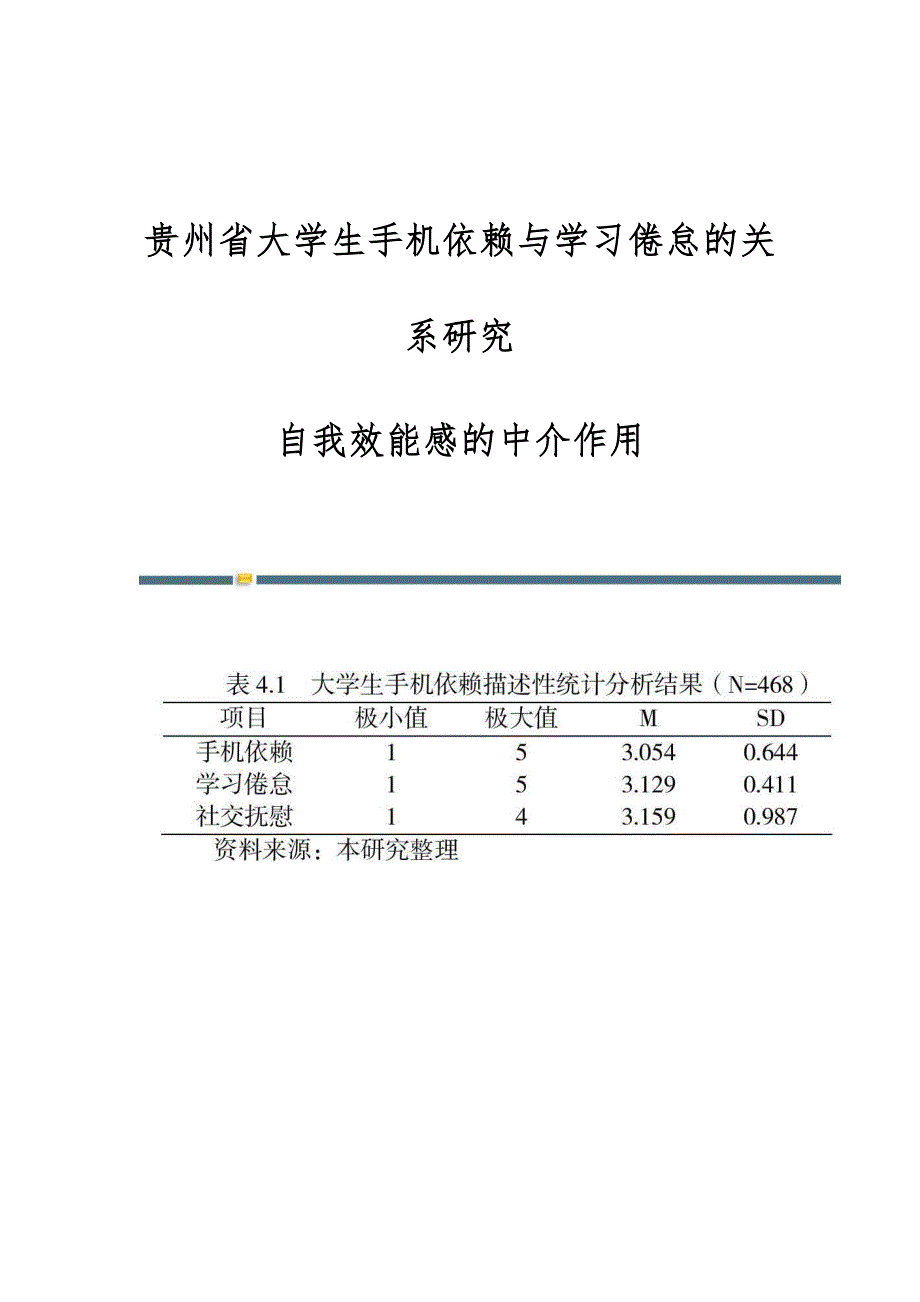 贵州省大学生手机依赖与学习倦怠的关系研究：自我效能感的中介作用_第1页