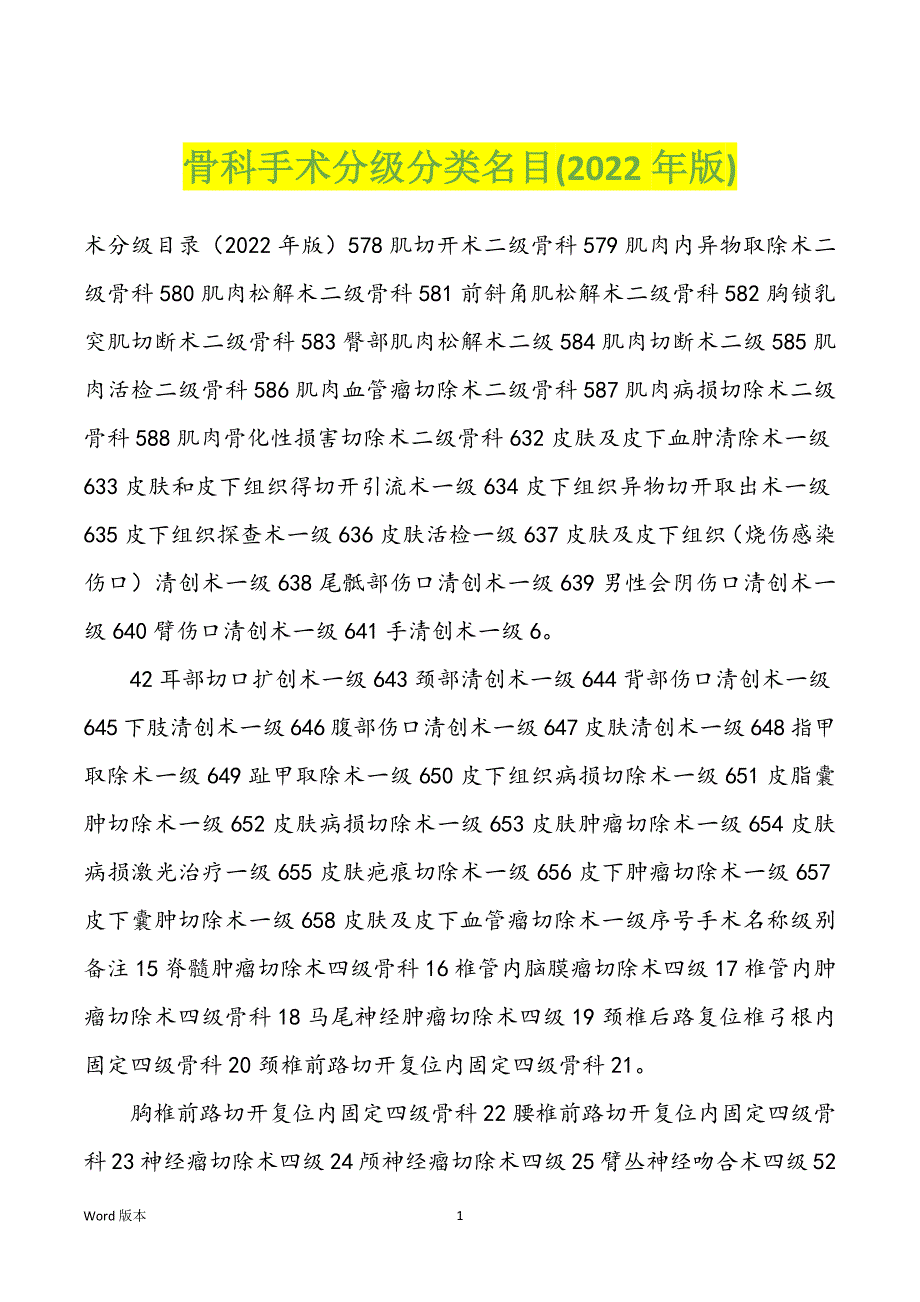 骨科手术分级分类名目(2022年版)_第1页