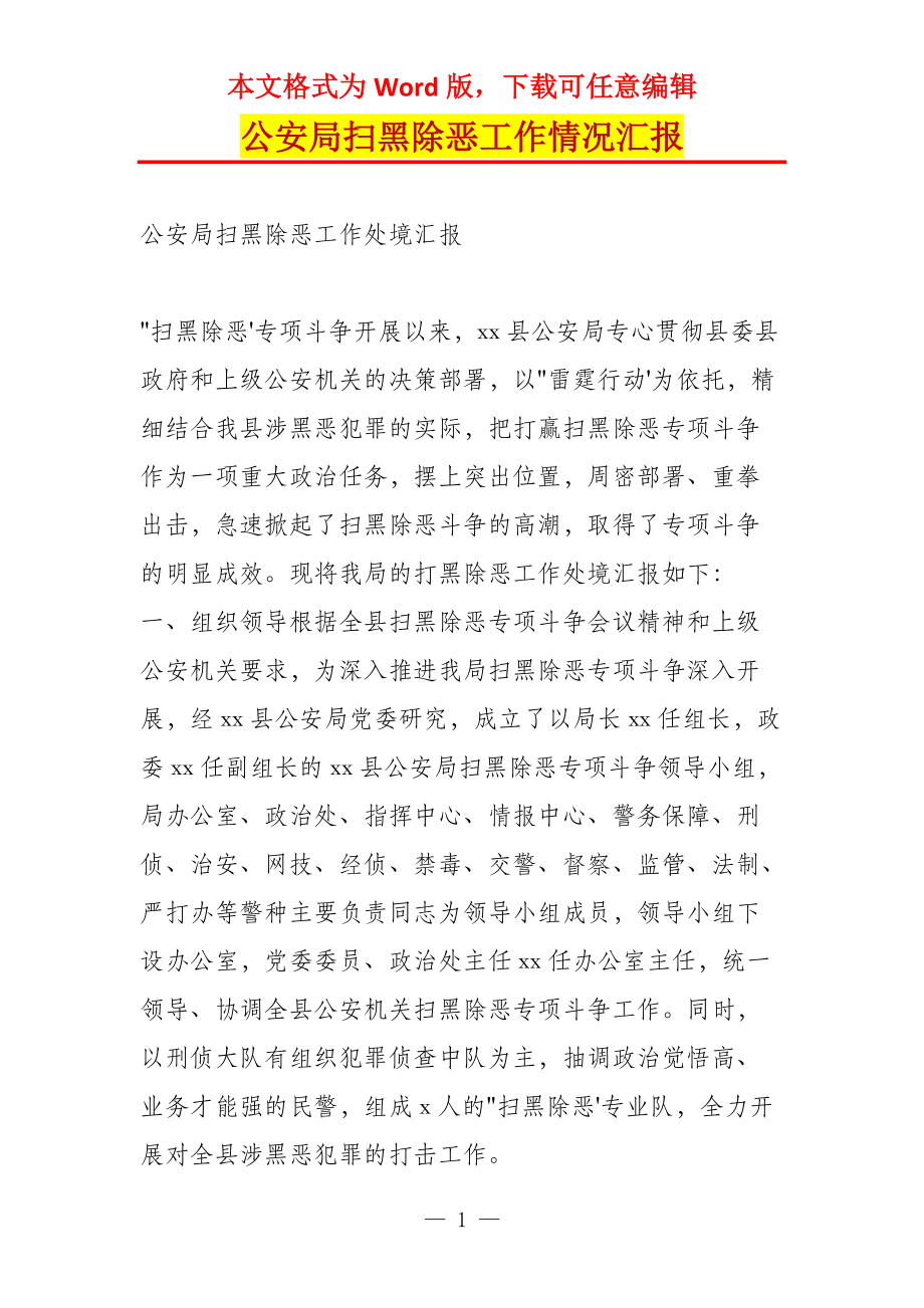 公安局扫黑除恶工作情况汇报_第1页