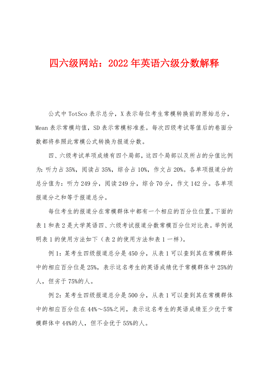 四六级网站：2022年英语六级分数解释_第1页