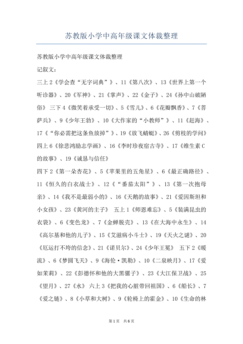 苏教版小学中高年级课文体裁整理_第1页