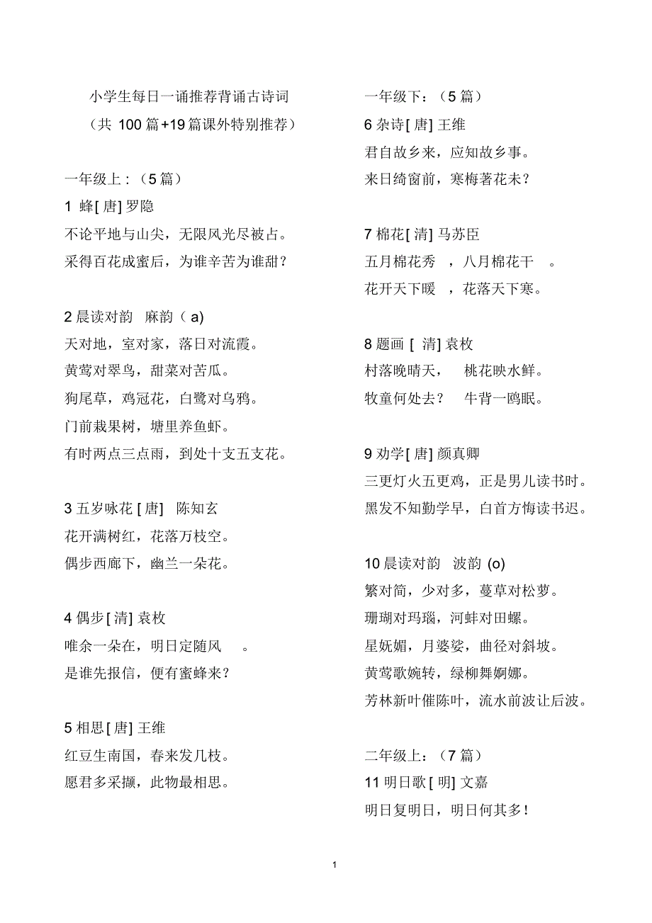 小学生每日一诵背诵古诗词(100篇+19篇课外特别)_第1页