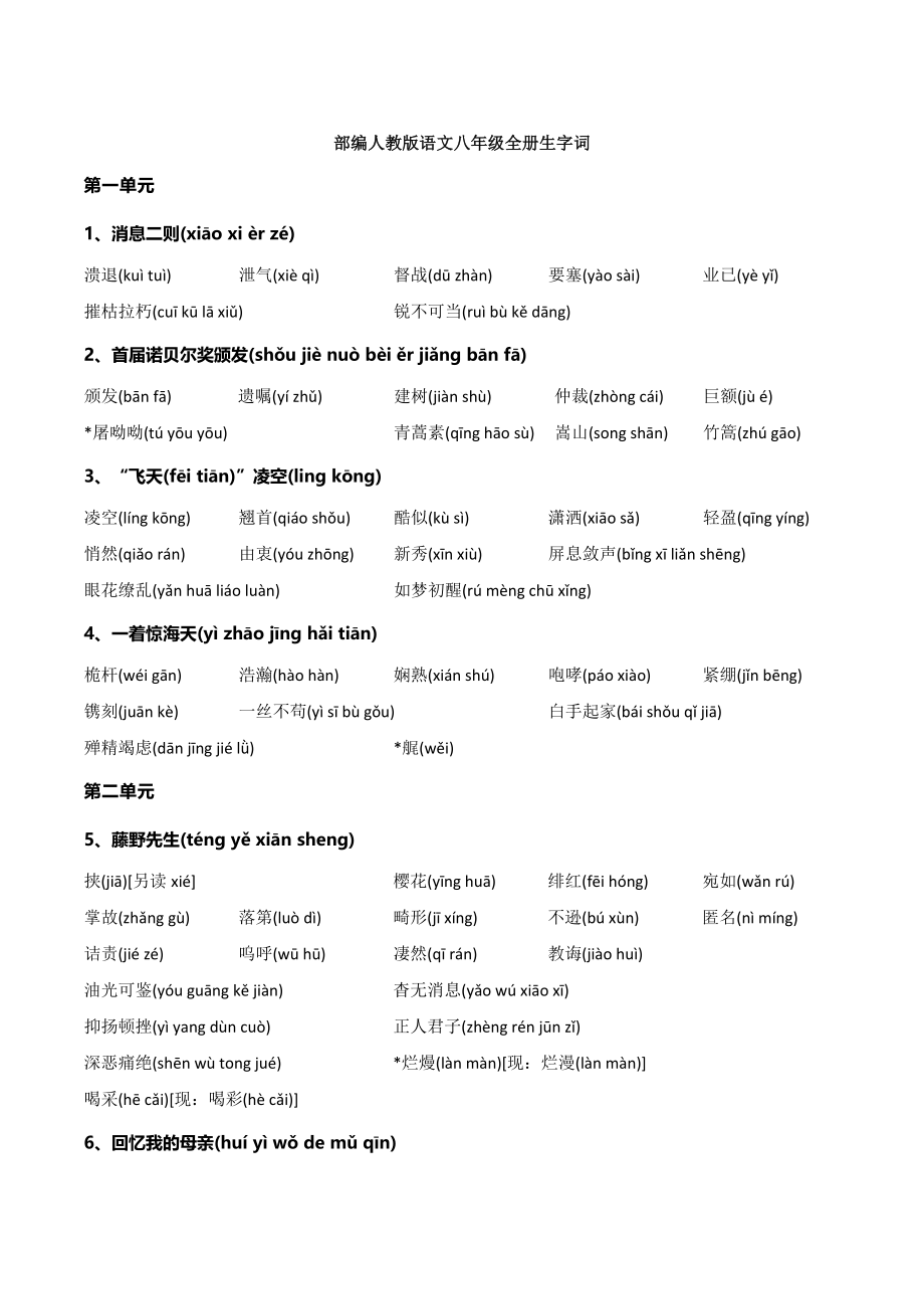 《部编人教版语文八年级全册生字词清单》_第1页