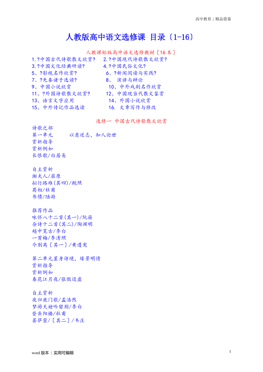 人教版高中语文选修课 目录(116)推荐_第1页